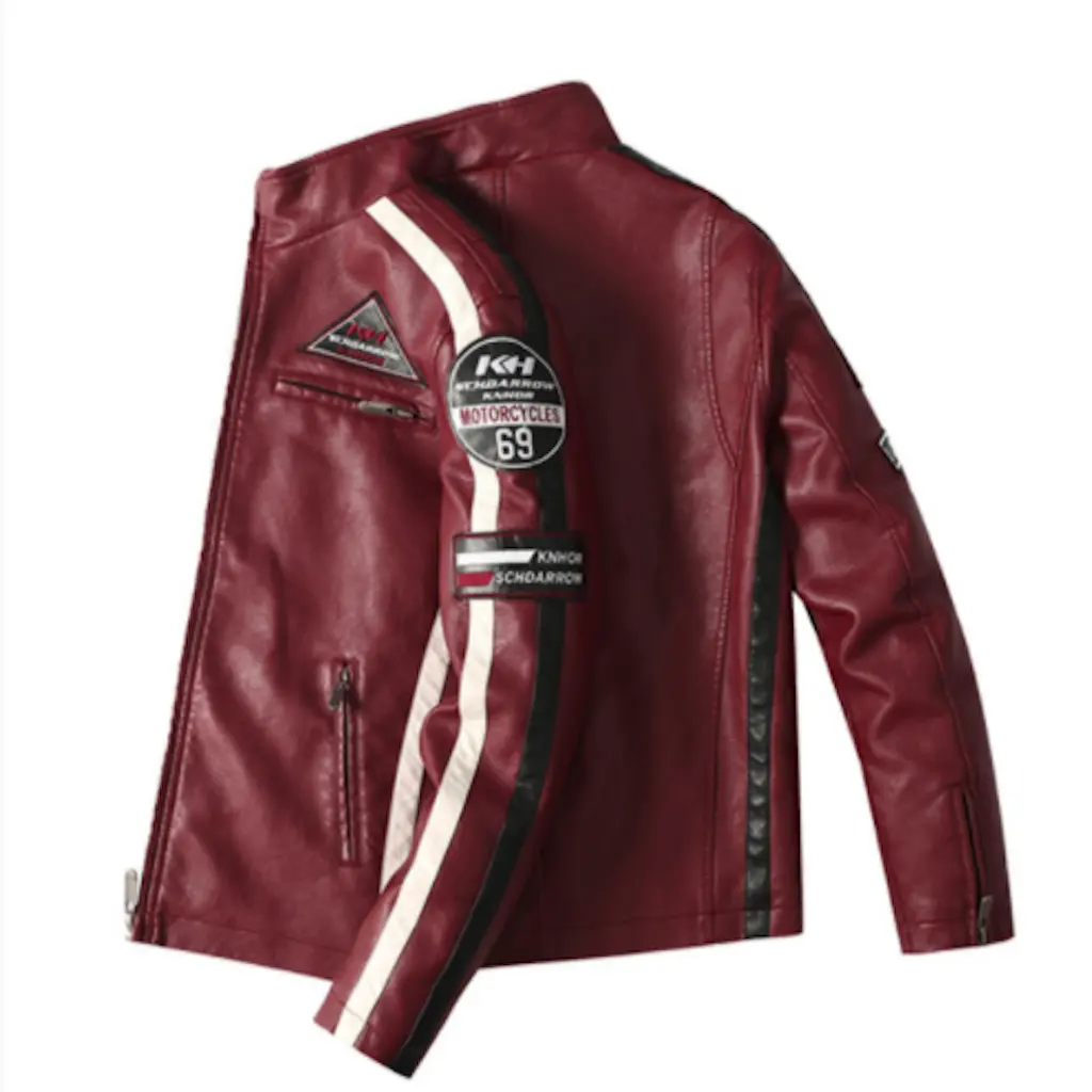 Men’s Vegan Leather Biker Jacket with Badges Faux Fur Lined by Inland Leather