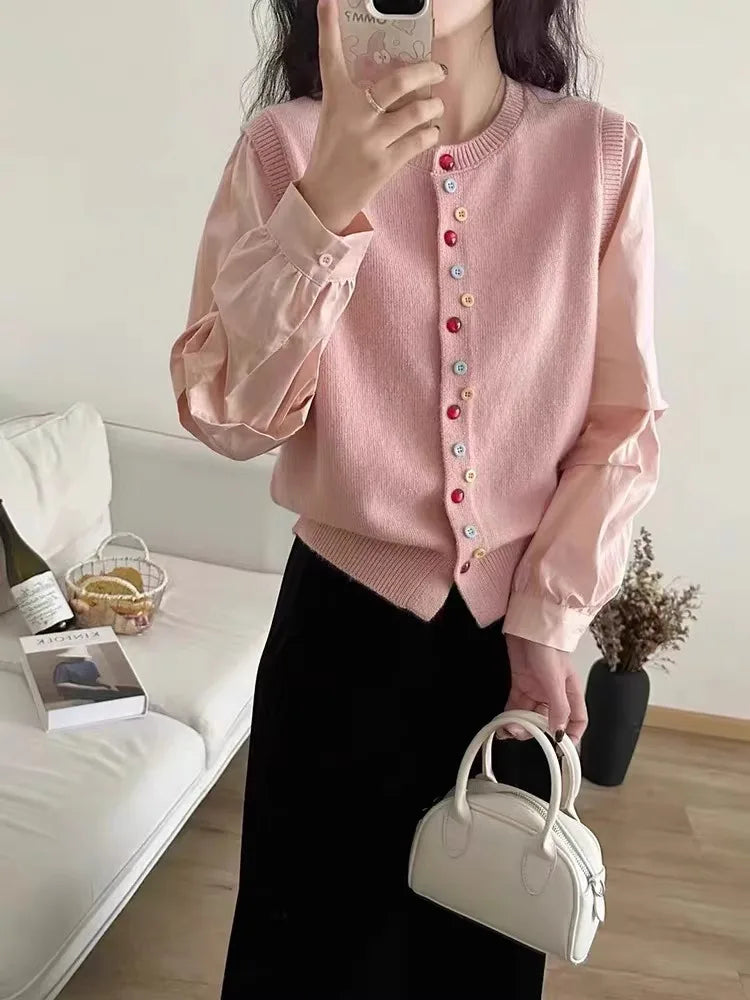 European goods color button cashmere knit vest cardigan women spring and autumn new round neck sleeveless sweater vest-4
