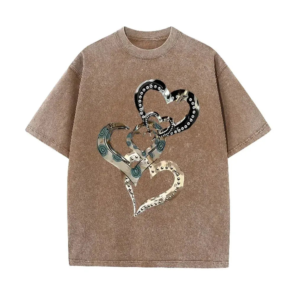 Retro Acid Wash Oversized T-shirt Metallic Multi Heart Print Punk Rivet Design Casual Street Tops by Vimost Shop