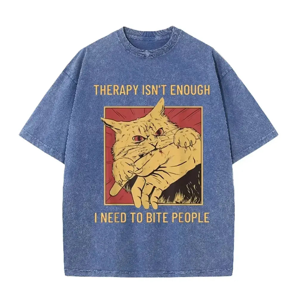 Funny Cat Bite Hand "Therapy Isn't Enough" Print Vintage Washed Black T Shirt by Vimost Shop