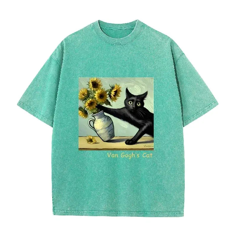 Funny s Cat Sunflower Art Print Vintage Washed Black Casual Top by Vimost Shop