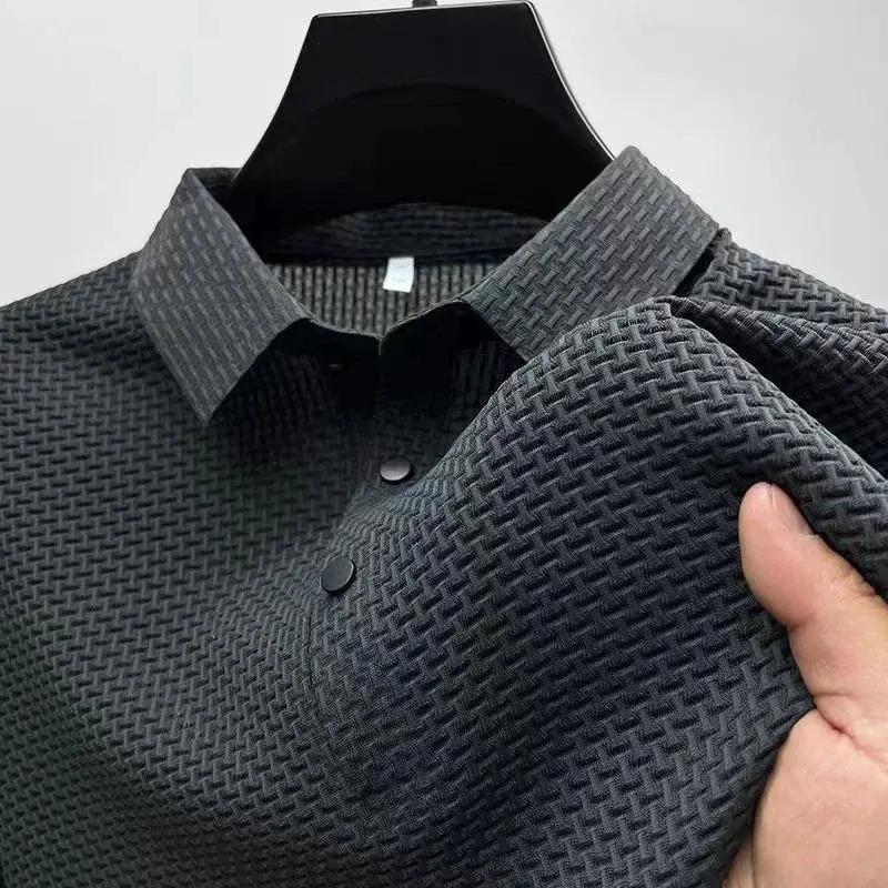 Men's Textured Short-Sleeve Polo Shirt with Collar and Button Placket by Vimost Shop