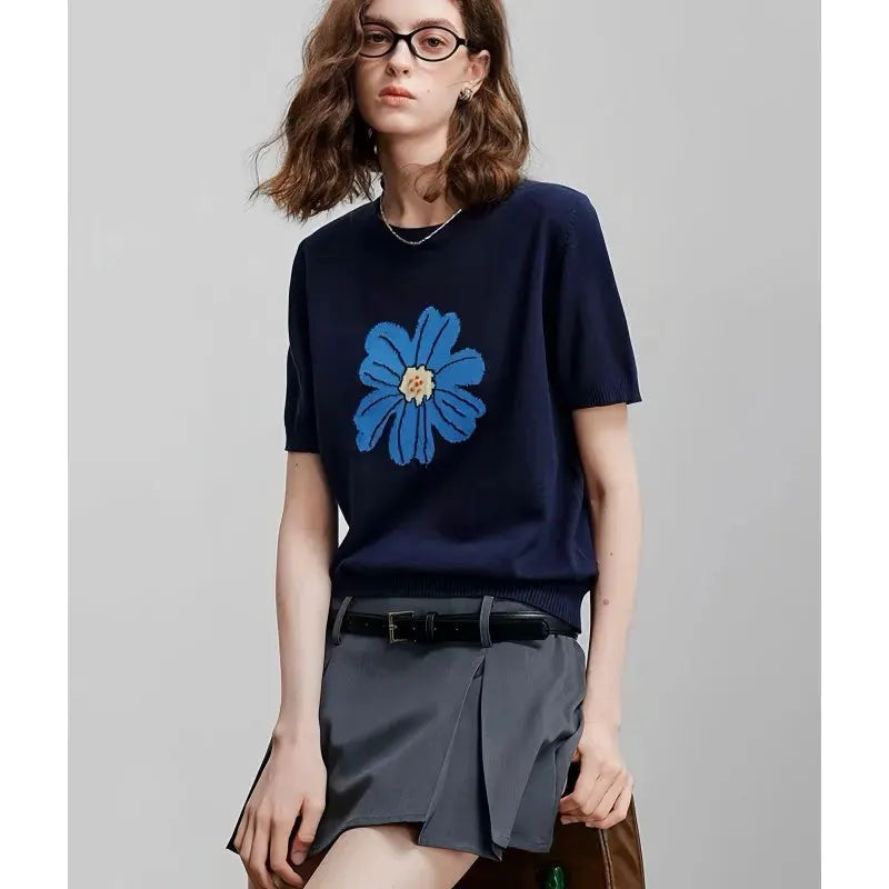 Stylish large-flower jacquard round-neck knitted short-sleeved women's loose ice silk T-shirt and thin top by Vimost Shop
