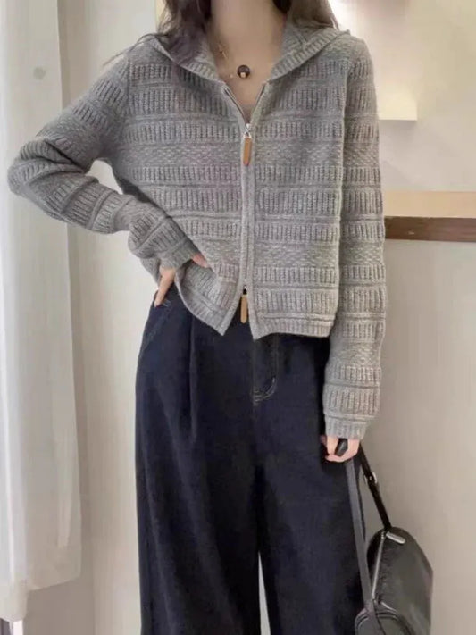 Autumn and Winter Thickened 100% Pure Wool Women's Hooded Knit Cardigan Loose Sweater Coat with Double Zippers Short Style by Vimost Shop