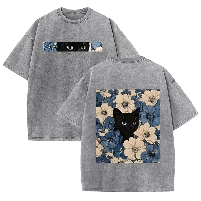 Vintage Washed Black Cat Floral T Shirt Double Sided Print Streetwear Casual Tee by Vimost Shop