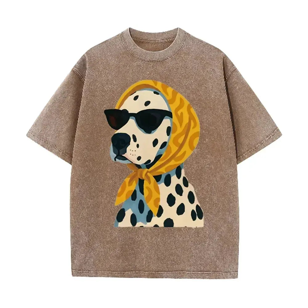 Distressed Vintage Washed Tee Stylish Cool Dalmatian Cartoon Animal Print Loose Fit Short Sleeve T Shirts by Vimost Shop