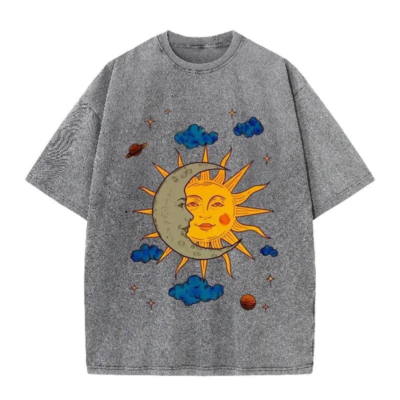 Men's Moon and Sun Printed T-shirt Oversized Short Sleeved Retro Washed Shirt Summer Top by Vimost Shop