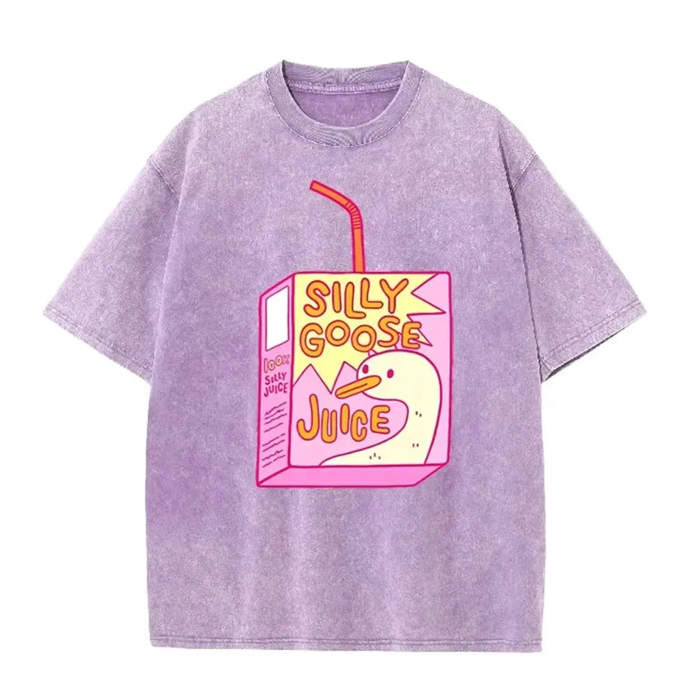 Cute Silly Goose Juice Box Print Washed Purple Y2K Aesthetic Women T-shirt by Vimost Shop