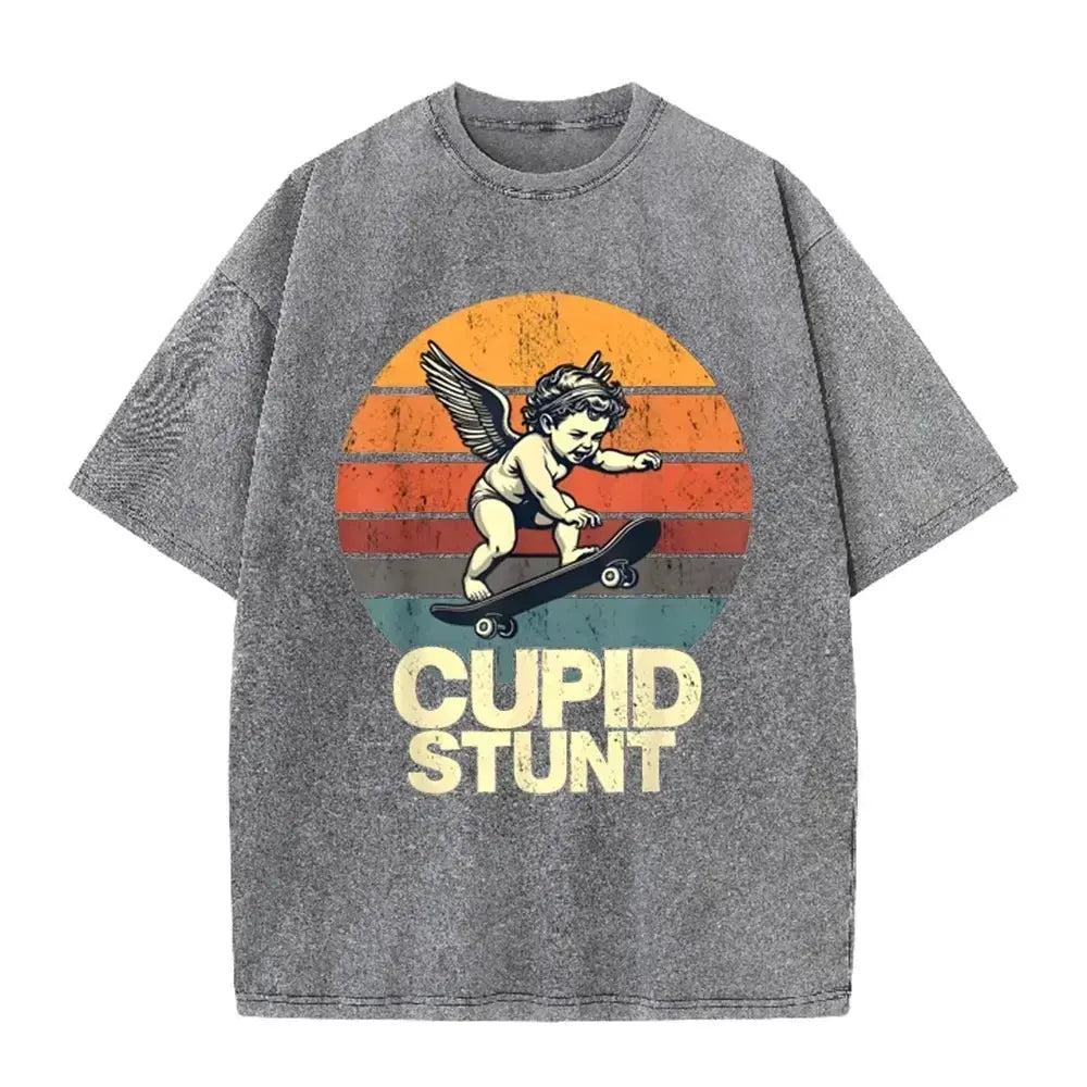 Retro Beige Cupid Stunt Skate Graphic Acid Wash Oversized Tee by Vimost Shop