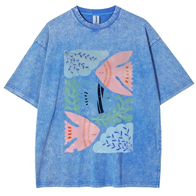 Feng Shui Minimalist Cartoon Printed Men's T-shirt Large Loose T-shirt Casual Retro Washed Short Sleeved T-shirt by Vimost Shop