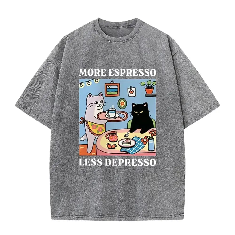 Vintage Black Cat Coffee T Shirt More Espresso Less Depresso Graphic Acid Wash Tee by Vimost Shop