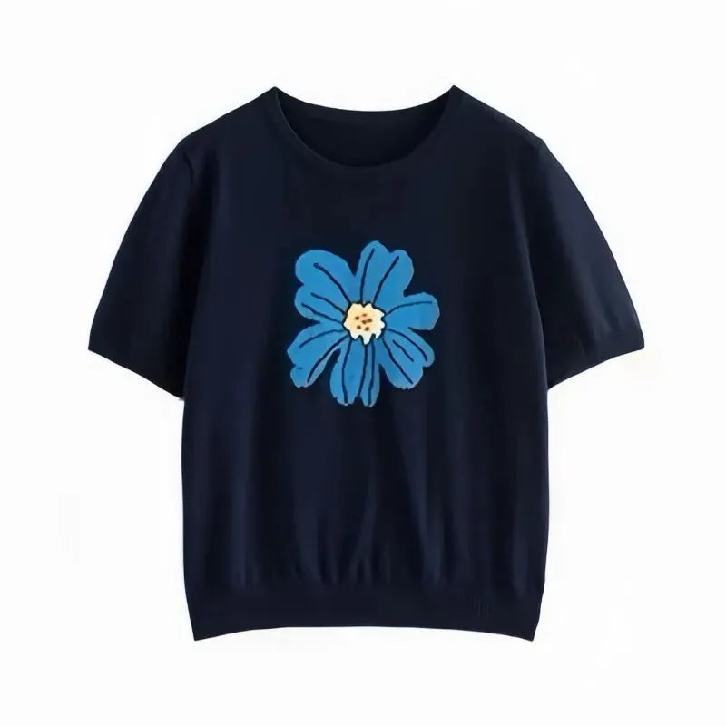 Stylish large-flower jacquard round-neck knitted short-sleeved women's loose ice silk T-shirt and thin top by Vimost Shop