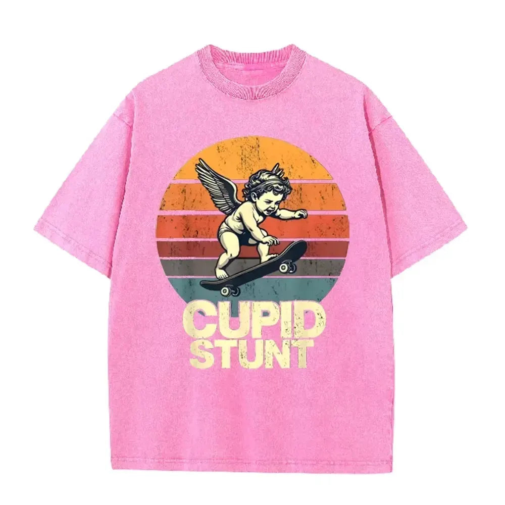 Retro Beige Cupid Stunt Skate Graphic Acid Wash Oversized Tee by Vimost Shop