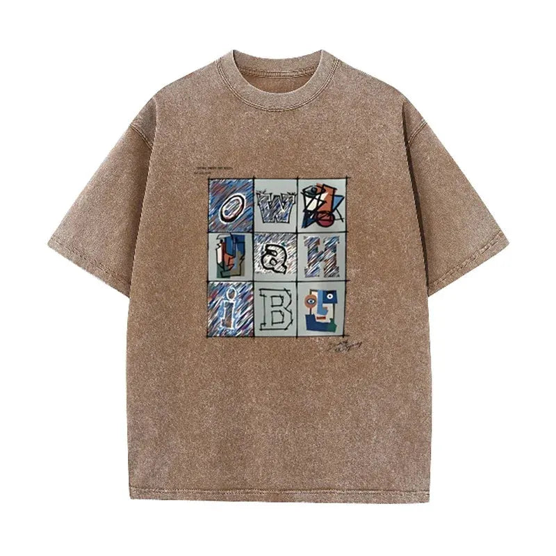 Retro Abstract Alphabet Art T Shirt Picasso Inspired Print Washed Casual Streetwear by Vimost Shop