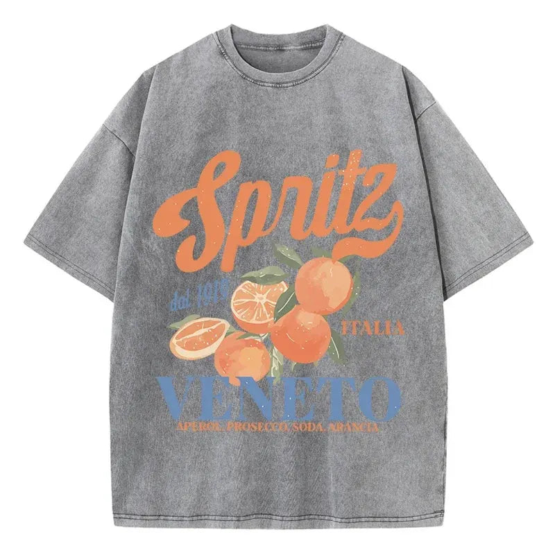 Orange Fruit Printed Washed T-shirt for Men Cotton T-shirt with Holes Round Neck Comfortable Top for Summer Men's Wear by Vimost Shop
