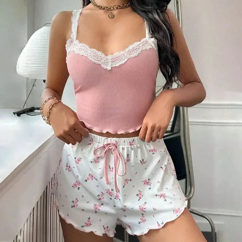 Women's Lace-Trim Camisole and Floral Shorts Two-Piece Pajama Set by Vimost Shop
