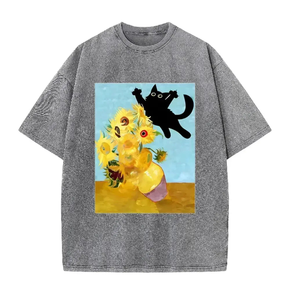 Van Gogh Sunflower Black Cat Parody Print Vintage Washed Purple Casual Art T Shirt by Vimost Shop