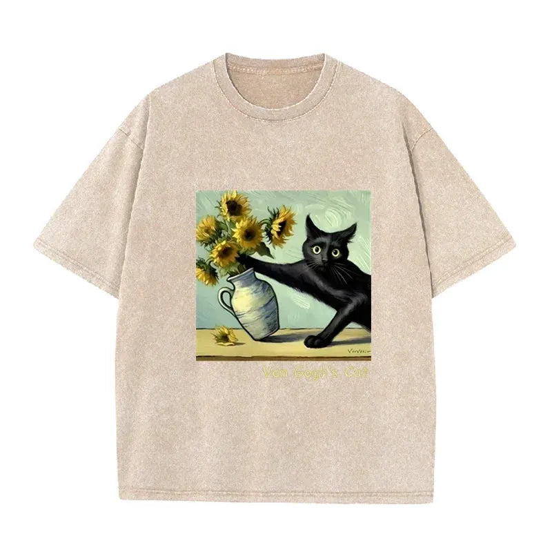 Funny s Cat Sunflower Art Print Vintage Washed Black Casual Top by Vimost Shop