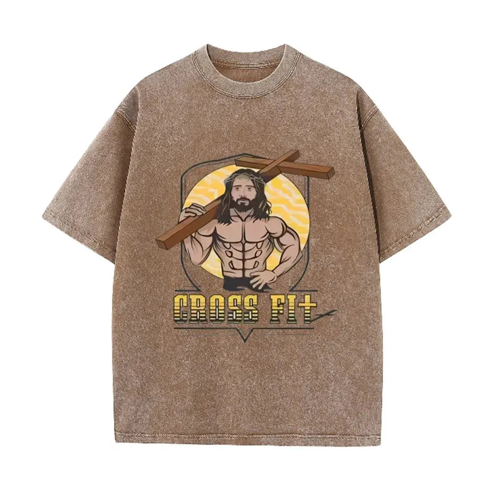Oversized Washed Cotton Graphic T-Shirt with Short Sleeves by Vimost Shop