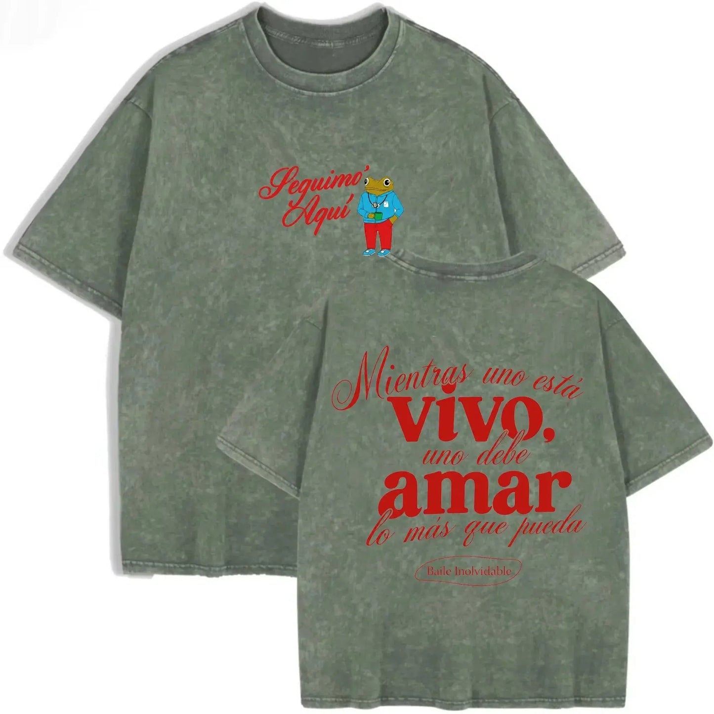 Vintage Washed Black Seguimo Aqui Frog Spanish Slogan Front Back Print Casual T Shirt by Vimost Shop