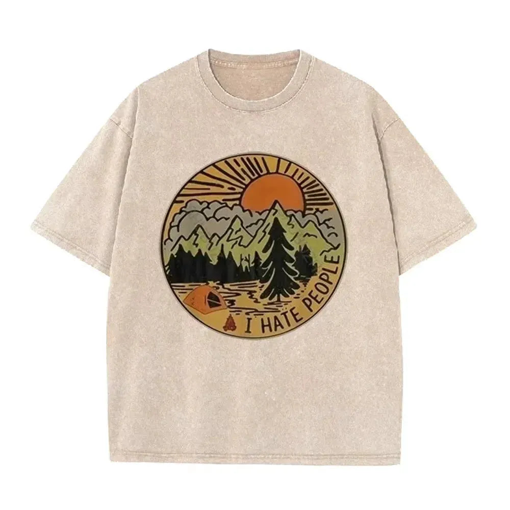 Vintage Camping I Hate People Print Washed Black Casual Outdoor T Shirt by Vimost Shop