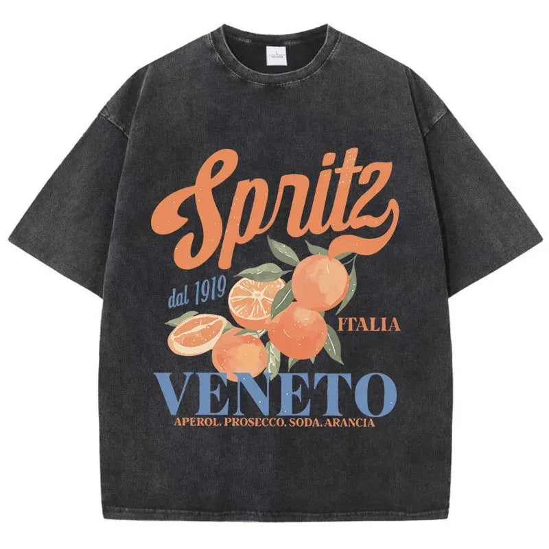 Orange Fruit Printed Washed T-shirt for Men Cotton T-shirt with Holes Round Neck Comfortable Top for Summer Men's Wear by Vimost Shop