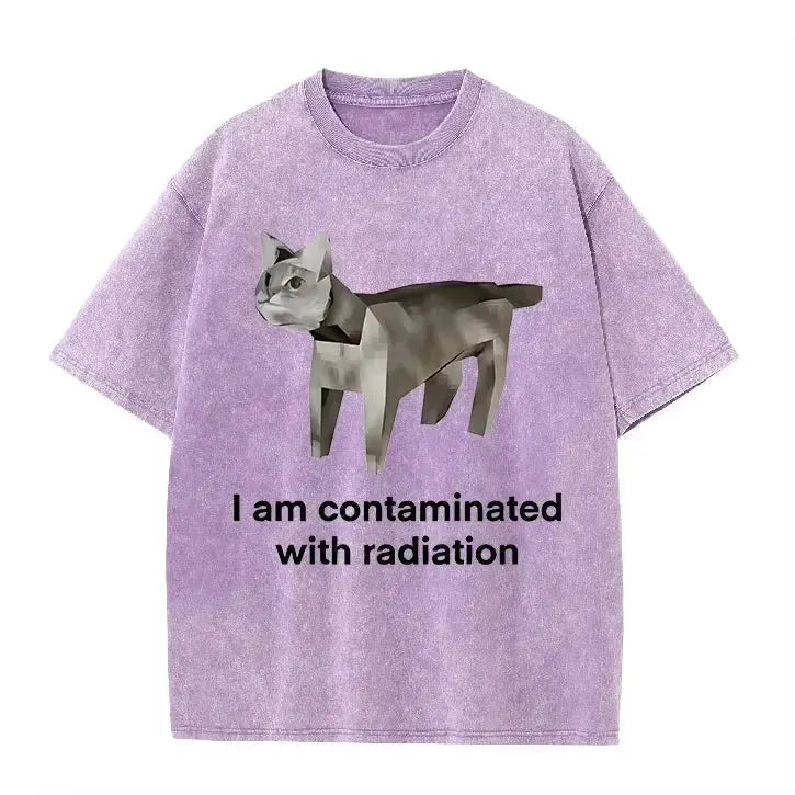 Vintage Washed Green Low Poly Radiation Cat I Am Contaminated Funny Meme Casual T Shirt by Vimost Shop