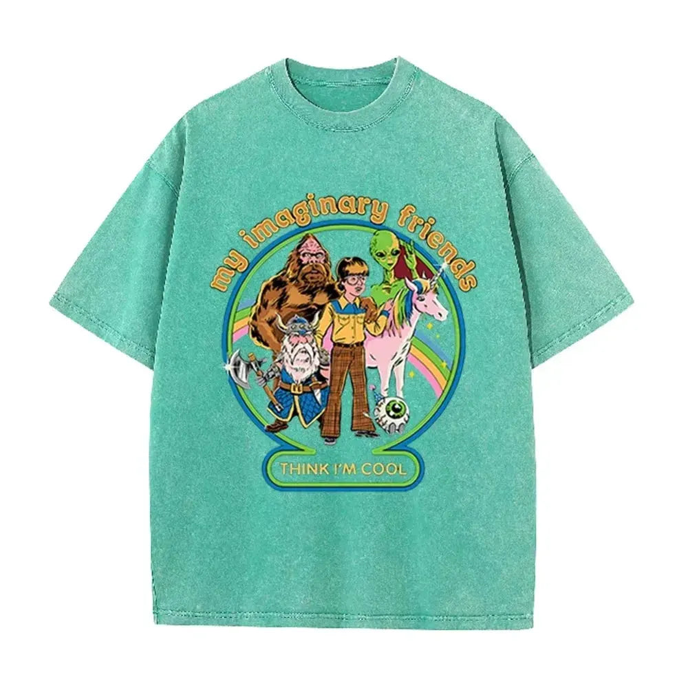 Brown Acid Wash Imaginary Friends Graphic Casual Retro Streetwear Tee by Vimost Shop