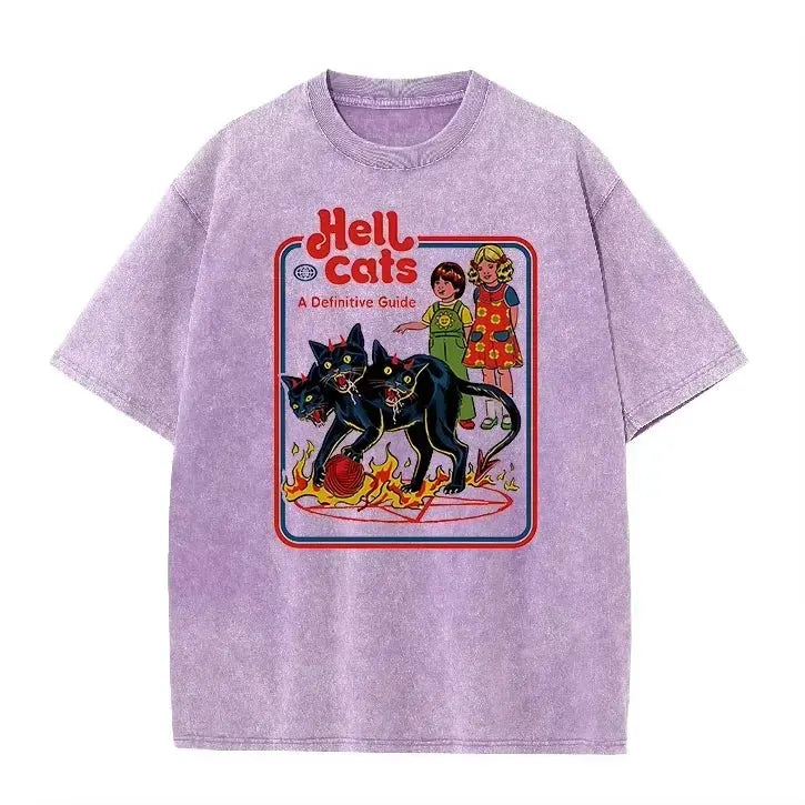 Purple Acid Wash Hell Cats Graphic Casual Retro Streetwear Tee by Vimost Shop