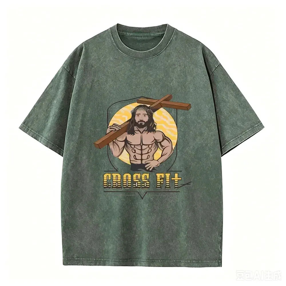Oversized Washed Cotton Graphic T-Shirt with Short Sleeves by Vimost Shop