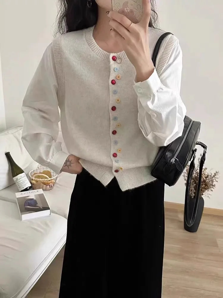 European goods color button cashmere knit vest cardigan women spring and autumn new round neck sleeveless sweater vest-2