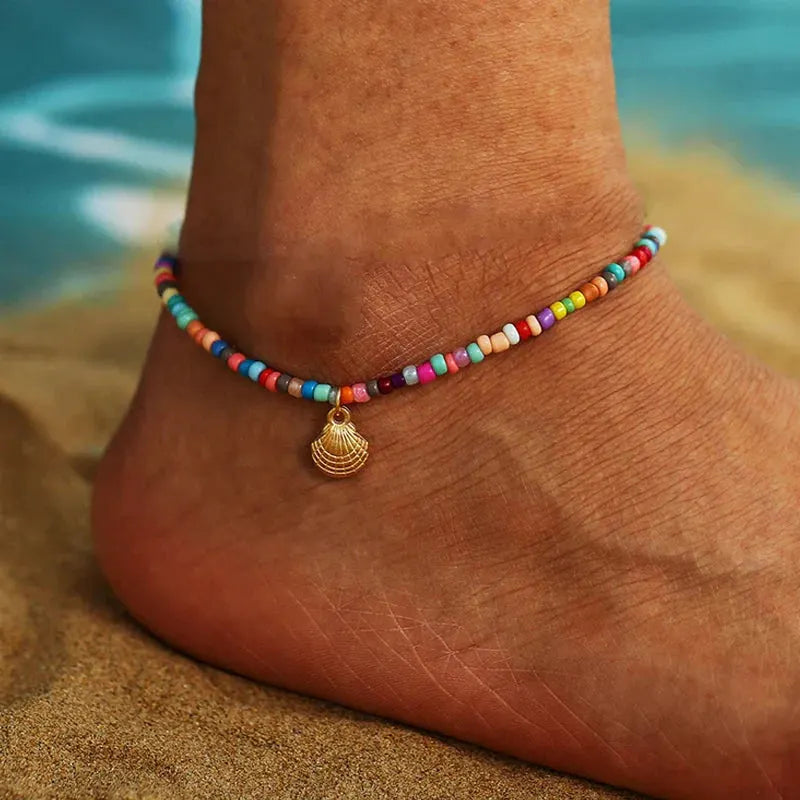 Bohemia Multilayer Rice Bead Anklet Set for Women Fashion Starfish Pendant Anklets Summer Sandy Beach Ankle Chain On Leg Jewelry by HongHaiEr Store