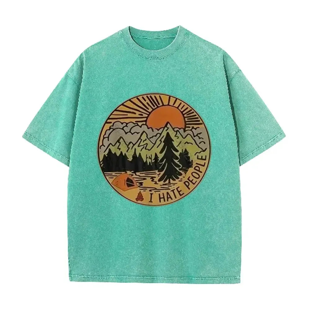 Vintage Camping I Hate People Print Washed Black Casual Outdoor T Shirt by Vimost Shop