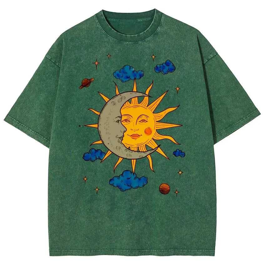 Men's Moon and Sun Printed T-shirt Oversized Short Sleeved Retro Washed Shirt Summer Top by Vimost Shop