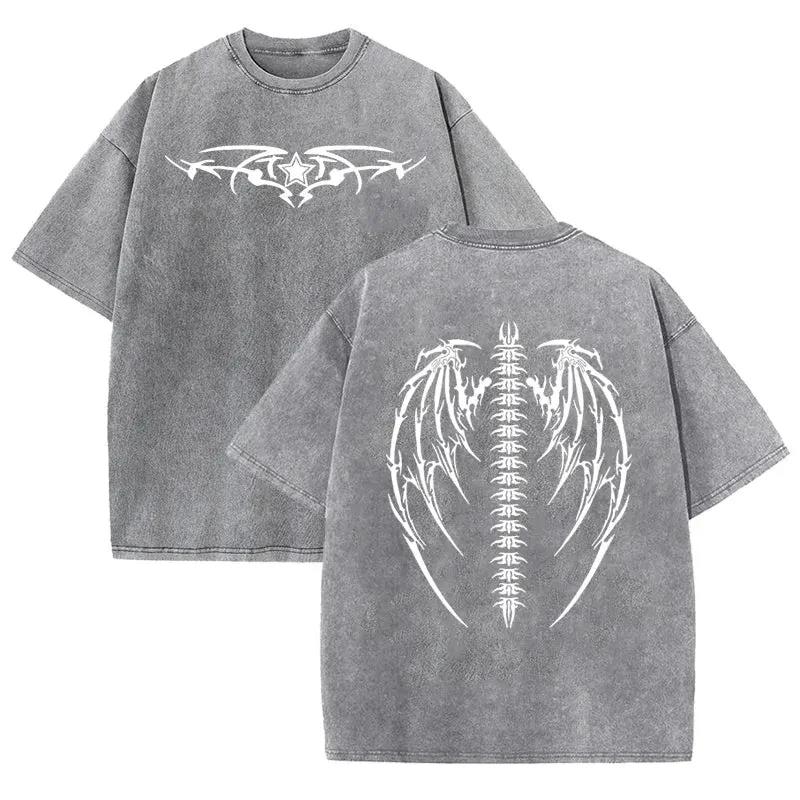 Gothic Tribal Wing Spine Print Vintage Washed Gray Y2K Casual Graphic T Shirt by Vimost Shop