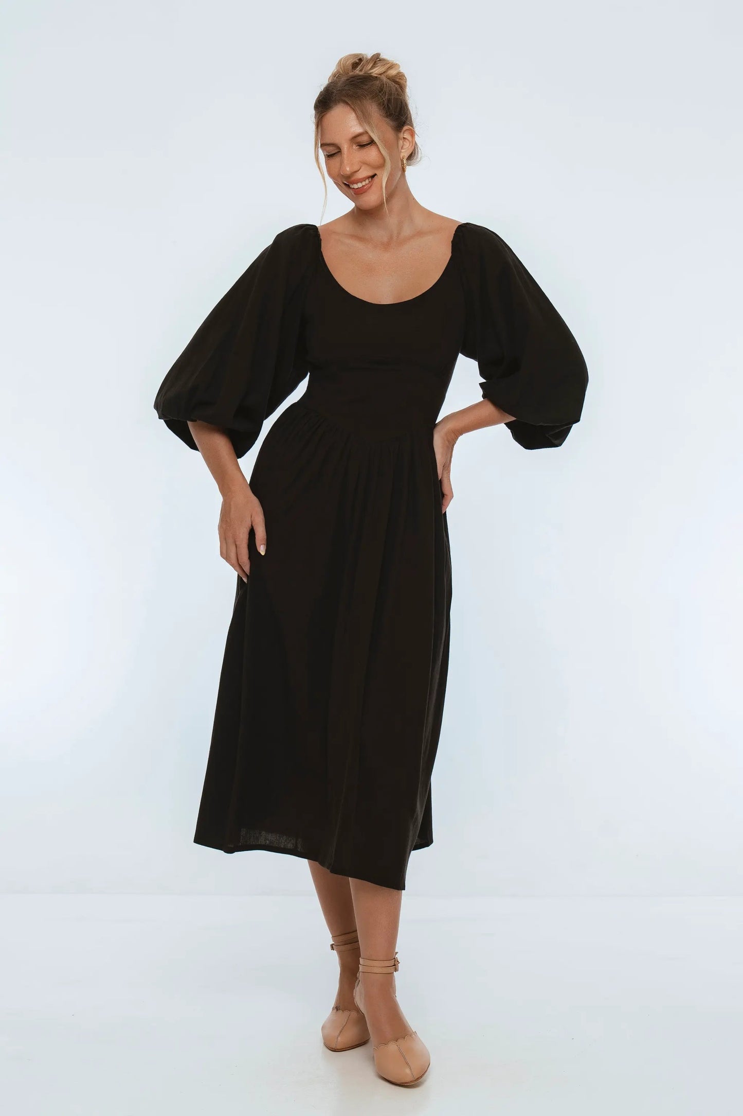 Genevieve Puff Sleeve Midi Dress by ELF