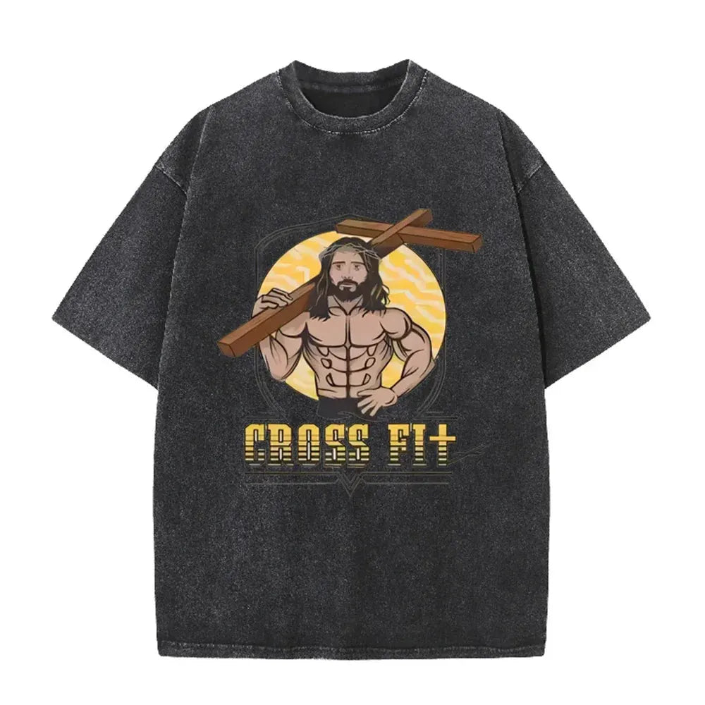 Oversized Washed Cotton Graphic T-Shirt with Short Sleeves by Vimost Shop