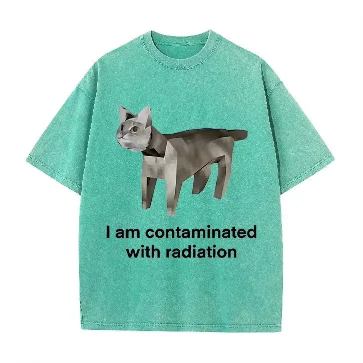 Vintage Washed Green Low Poly Radiation Cat I Am Contaminated Funny Meme Casual T Shirt by Vimost Shop