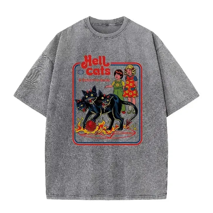 Purple Acid Wash Hell Cats Graphic Casual Retro Streetwear Tee by Vimost Shop