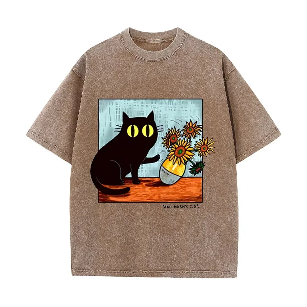 Funny Art Cat Van Gogh's Cat Print Vintage Washed Blue Casual Graphic T Shirt by Vimost Shop