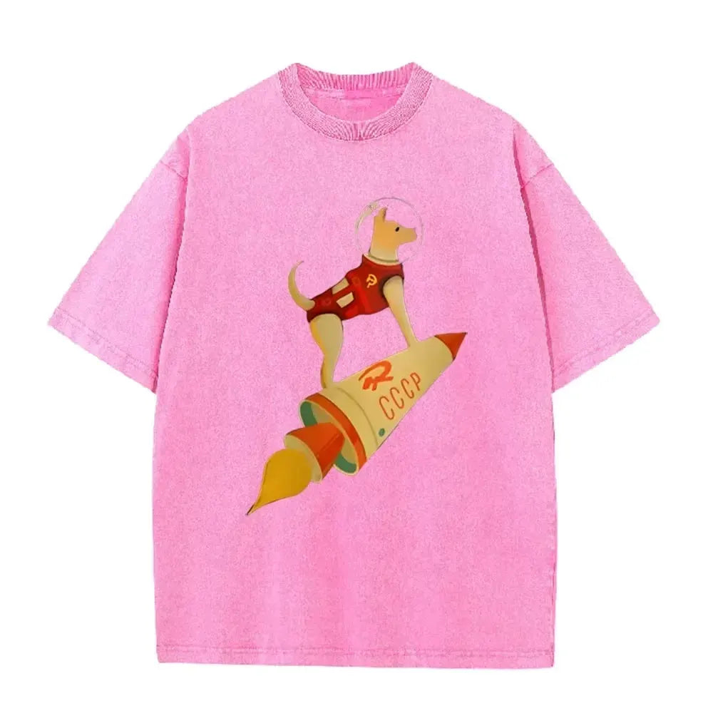 Vintage Washed Gray Tshirt CCCP Laika Space Dog Rocket Cartoon Print Loose Short Sleeve Retro Soviet Casual Tee by Vimost Shop