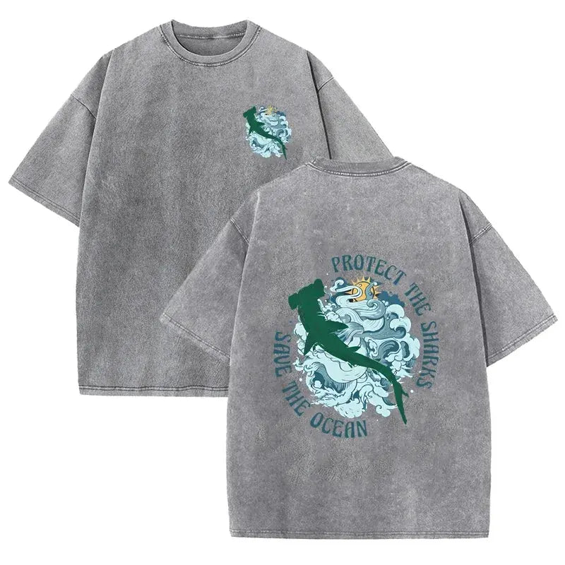 Distressed Vintage Washed Tee Double Print Shark Wave Protect Ocean Letter Loose Fit Short Sleeve T Shirts by Vimost Shop
