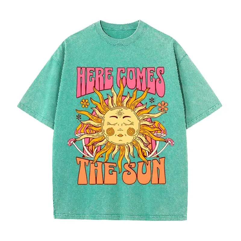 Vintage Black Here Comes The Sun T Shirt Retro Psychedelic Sun Acid Wash Tee by Vimost Shop