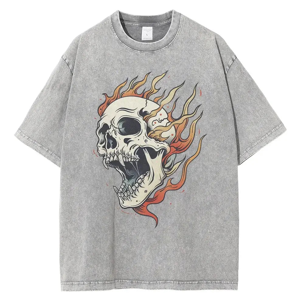 Men's Flame Skull Printed T-shirt Thick Cotton Washed T-shirt,Large Retro Top by Vimost Shop