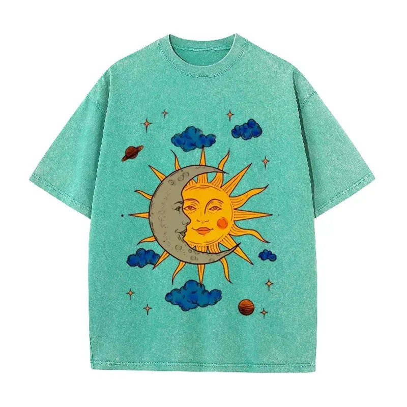 Men's Moon and Sun Printed T-shirt Oversized Short Sleeved Retro Washed Shirt Summer Top by Vimost Shop