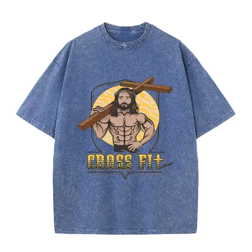 Oversized Washed Cotton Graphic T-Shirt with Short Sleeves by Vimost Shop