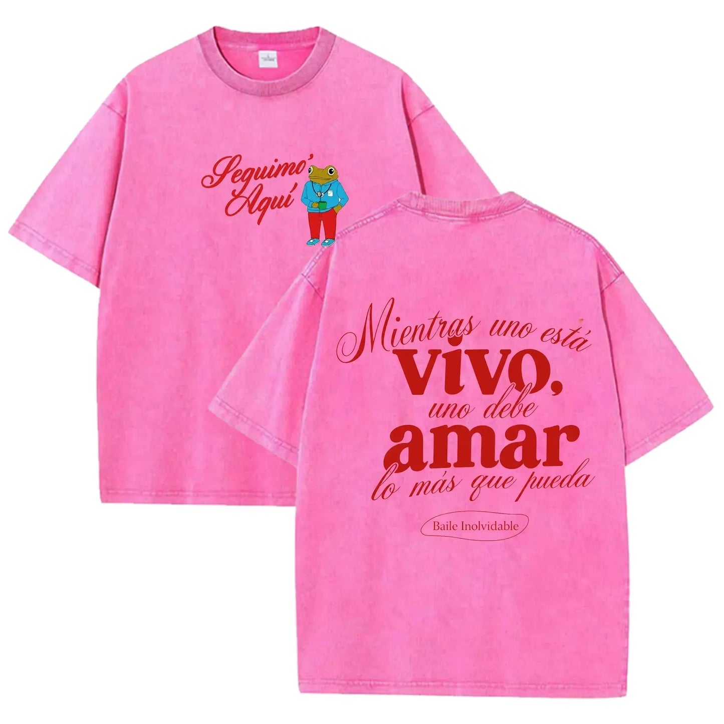 Vintage Washed Black Seguimo Aqui Frog Spanish Slogan Front Back Print Casual T Shirt by Vimost Shop