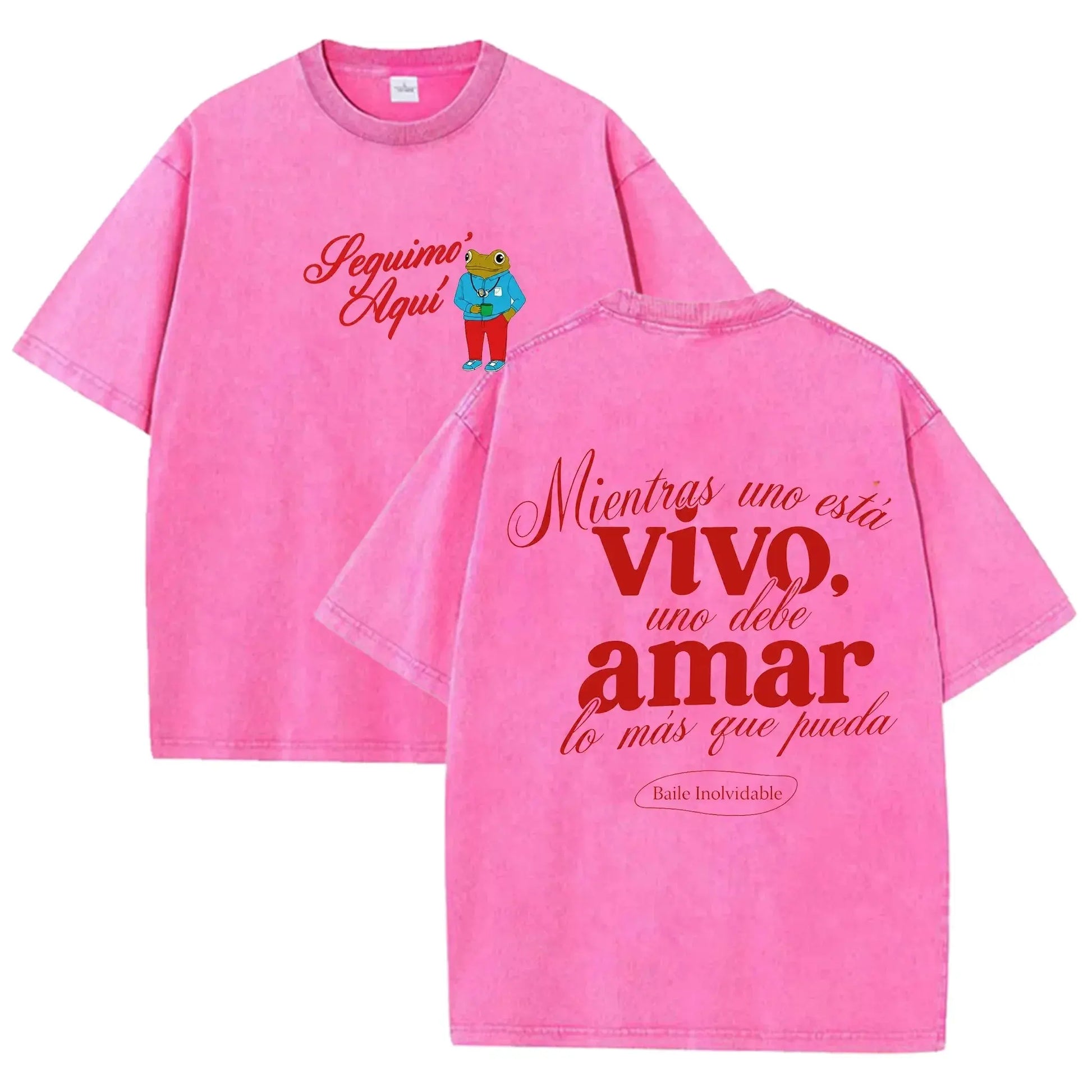 Vintage Washed Black Seguimo Aqui Frog Spanish Slogan Front Back Print Casual T Shirt by Vimost Shop
