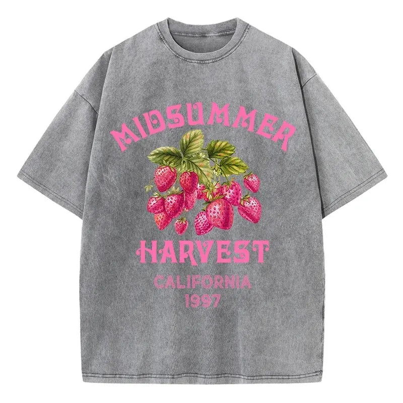 Men's Cotton T-shirt Strawberry Printed Washed T-shirt Comfortable Round Neck Top Men's Summer Clothing by Vimost Shop