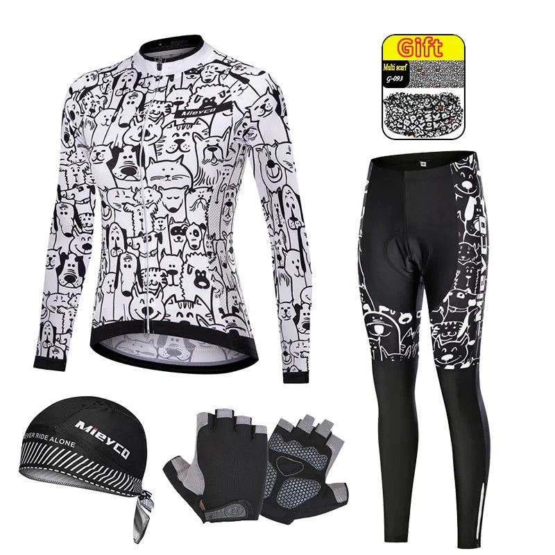 Women Long Sleeve Cycling Jersey Set MTB Bike Pants Kit Breathable Sportswear-8